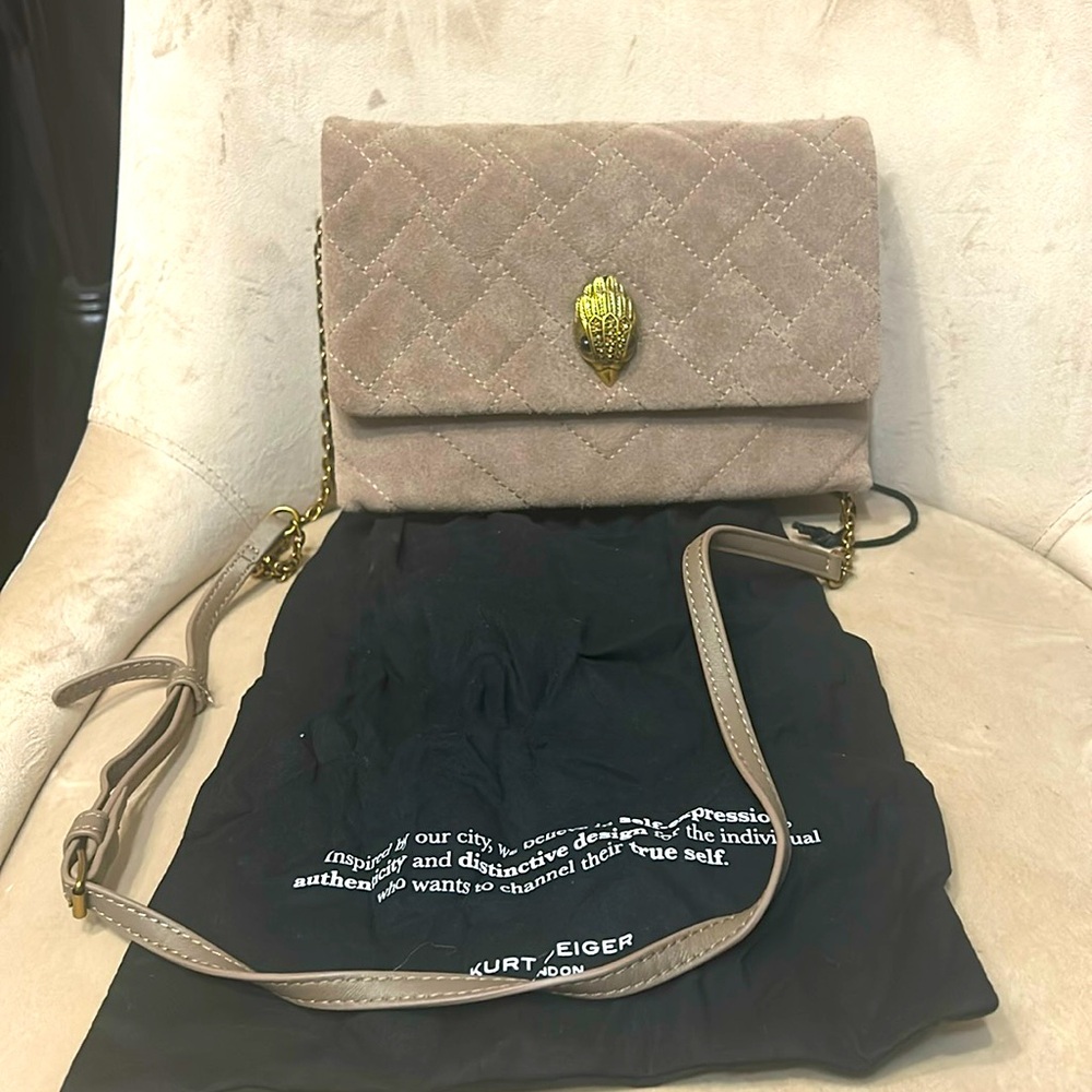 Authentic Kurt Geiger Kensington Duet Suede and Leather Tuape Gray Crossbody Bag